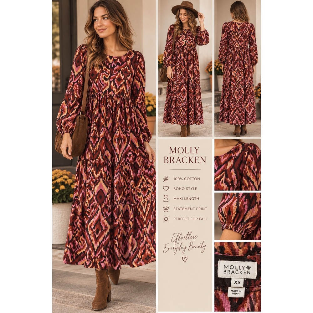 Molly Bracken XS Cotton Maxi Dress Boho Ikat Burgundy Pink Long Sleeve Fall